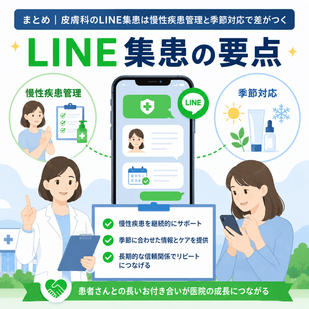 皮膚科のLINE集患で慢性疾患管理と季節対応を行い、患者との長期的な関係を築くイメージ
