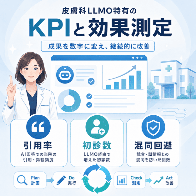 皮膚科LLMOの成果を引用率、初診数、混同回避などのKPIで測定し改善する流れを図解した画像