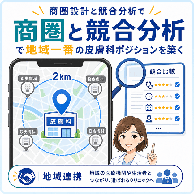半径2km商圏の把握と競合分析により、地域で選ばれる皮膚科ポジションを築く考え方を図解した画像