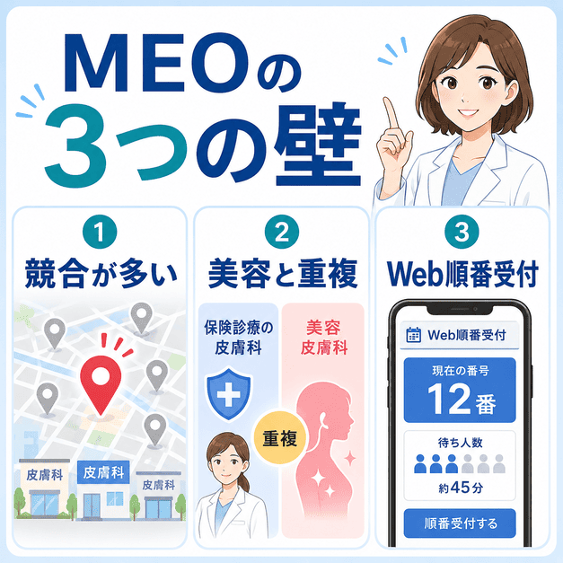 皮膚科クリニックのMEO対策で課題となる競合の多さ、美容皮膚科との重複、Web順番受付の3つの壁を図解した画像