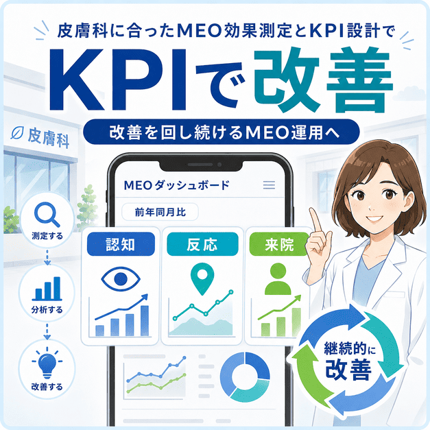 皮膚科に合ったMEOの認知・反応・来院KPIを測定し、継続的に改善する運用を図解した画像