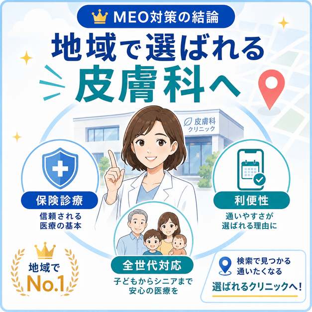 保険診療、利便性、全世代対応を軸に、地域で選ばれる皮膚科を目指すMEO対策の結論をまとめた画像