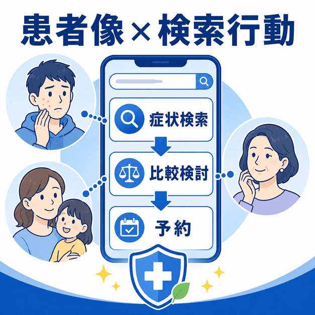 皮膚科の患者像と症状検索から比較検討、予約までの検索行動をもとにSEO設計する流れを示した図解