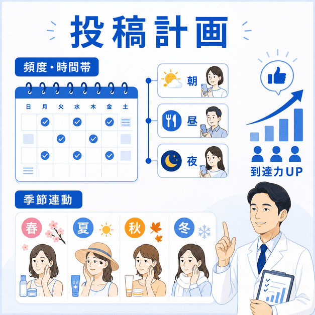 皮膚科Facebook運用の投稿頻度、配信時間帯、季節連動の投稿計画を示したイラスト