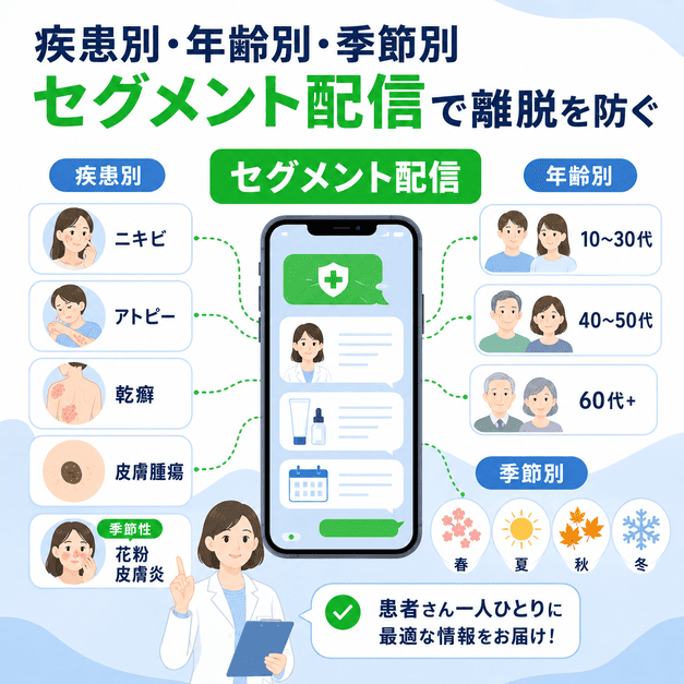 皮膚科患者を疾患別、年齢別、季節別に分けて最適なLINE配信を届けるイメージ