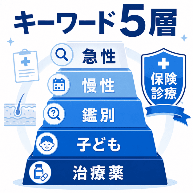 皮膚科SEOで急性疾患、慢性疾患、鑑別、子ども、治療薬の5層キーワードと保険診療軸を整理した図解