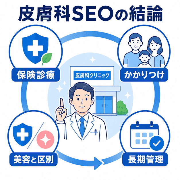 皮膚科SEOの結論として、保険診療、かかりつけ、美容皮膚科との区別、長期管理の4つの柱をまとめた図解