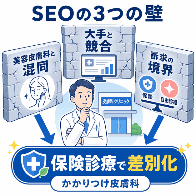 皮膚科クリニックのSEO対策で直面する美容皮膚科との混同、大手メディアとの競合、診療区分の訴求バランスを保険診療で差別化する図解