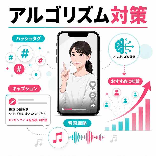 ハッシュタグ、キャプション、音源を整えてTikTokのおすすめ表示やアルゴリズム評価を高める運用イメージ