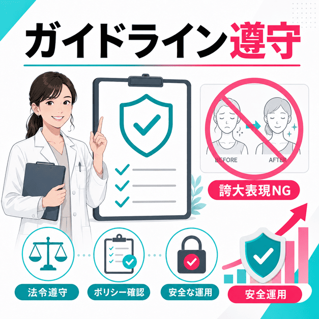 医療広告ガイドラインとTikTokポリシーを守り、誇大表現やビフォーアフター表現を避けて安全に運用する様子