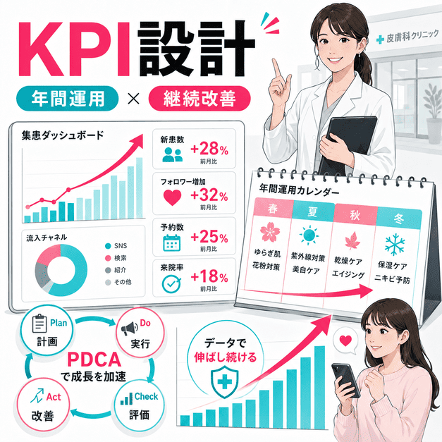 皮膚科TikTok運用のKPIダッシュボードと年間配信カレンダーを使って集患を継続改善するイメージ