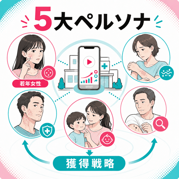 若年女性のニキビ、アトピー、慢性皮膚疾患、皮膚腫瘍リスク、子どもの皮膚トラブルを対象にした5大ペルソナ戦略