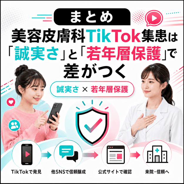 美容皮膚科のTikTok集患で誠実な情報発信と若年層保護により信頼を築くまとめイラスト