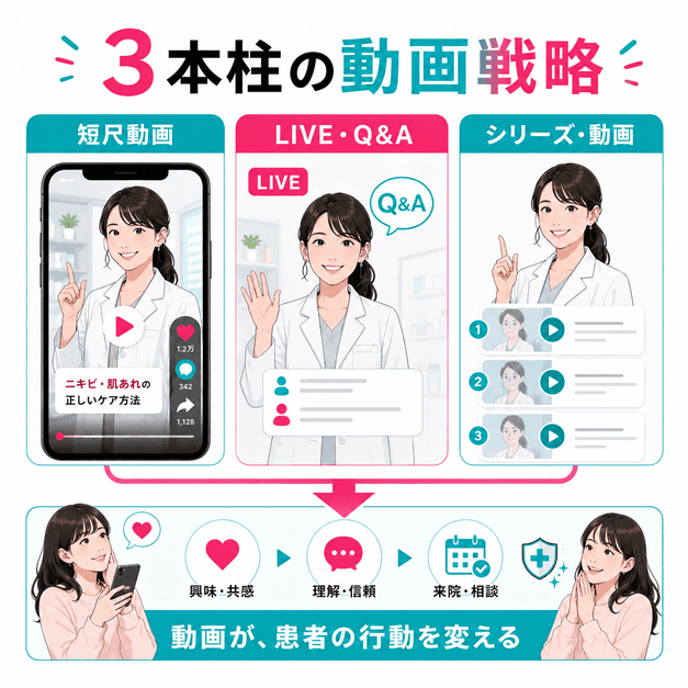 短尺動画、LIVE配信、シリーズ動画を組み合わせて患者の理解と来院行動につなげる皮膚科動画戦略