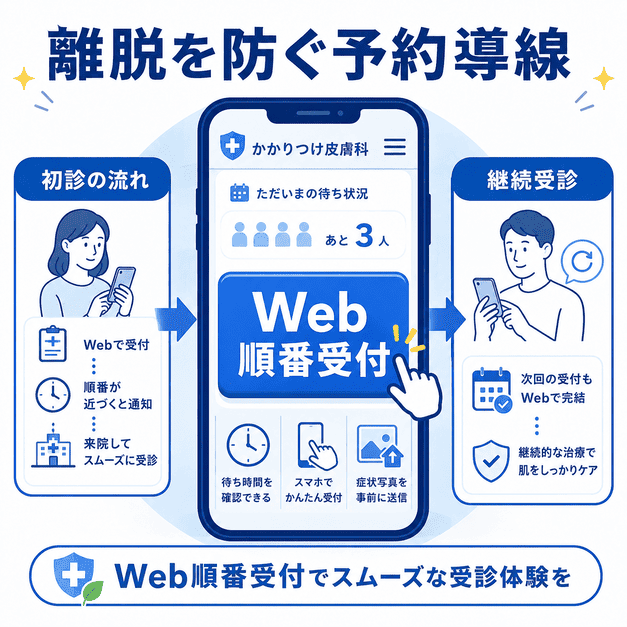 皮膚科のWeb順番受付、初診の流れ、継続受診をつなげて患者の離脱を防ぐ予約導線を示した図解
