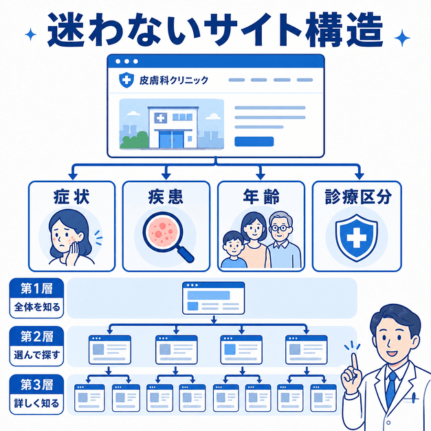 皮膚科クリニックのホームページを症状、疾患、年齢、診療区分の4軸で迷わず探せる構造にした図解