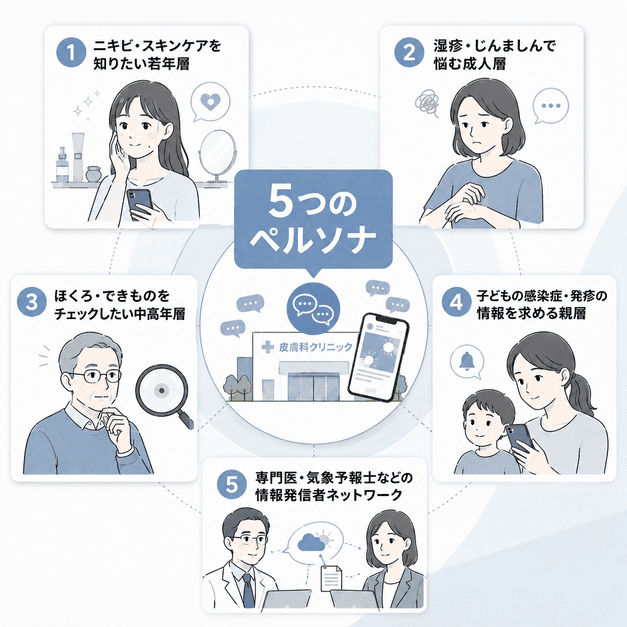 皮膚科クリニックのX運用で想定すべき若年層、成人層、中高年層、親子、専門家ネットワークの5つのペルソナを示したイラスト
