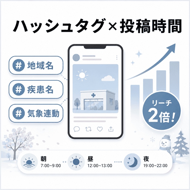 地域名・疾患名・気象連動のハッシュタグと投稿時間の工夫でXのリーチを高める流れを示したイラスト