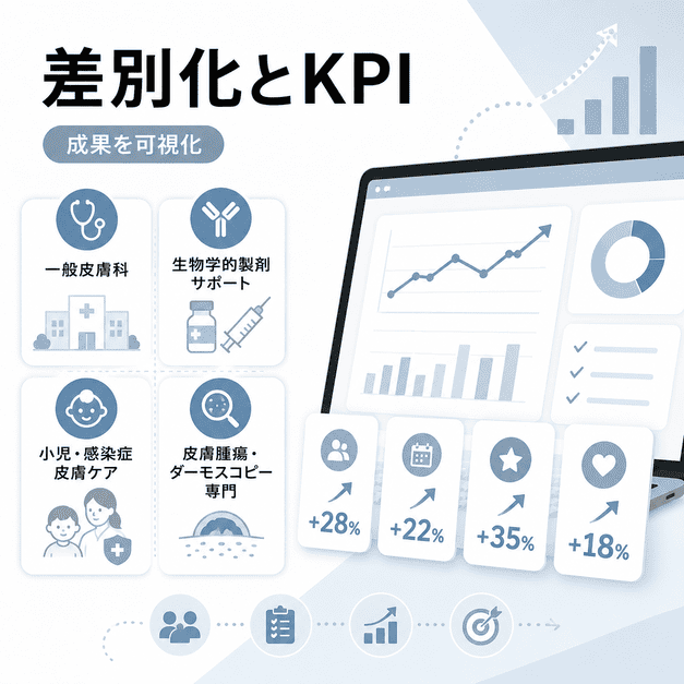 皮膚科クリニックの差別化ポジションとKPIをダッシュボードで可視化する様子を示したイラスト