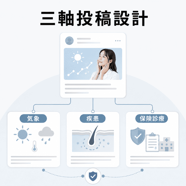気象情報・疾患情報・保険診療の3軸で皮膚科のX投稿を設計する考え方を示したイラスト