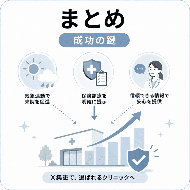 気象連動、保険診療の明示、信頼できる情報発信が皮膚科クリニックのX集患成功につながることを示したまとめ用イラスト