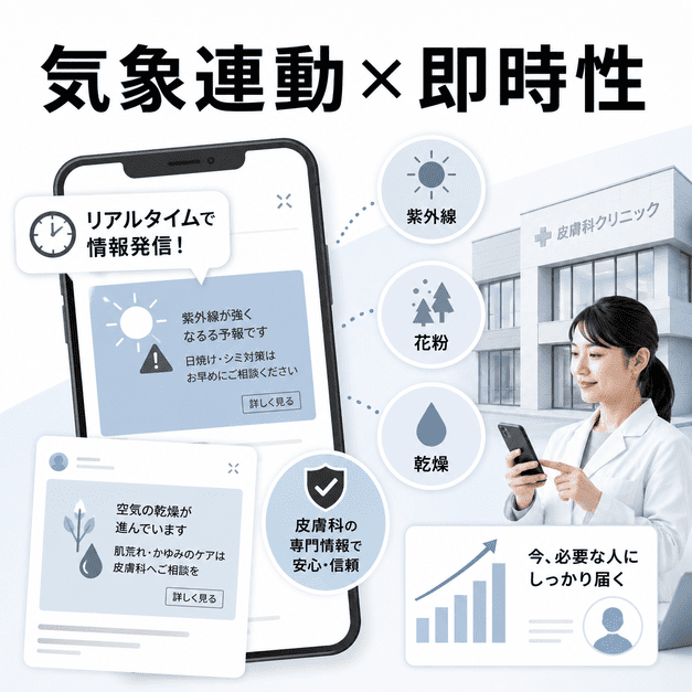 皮膚科クリニックが紫外線・花粉・乾燥などの気象情報と連動してXで即時発信する様子を示したイラスト