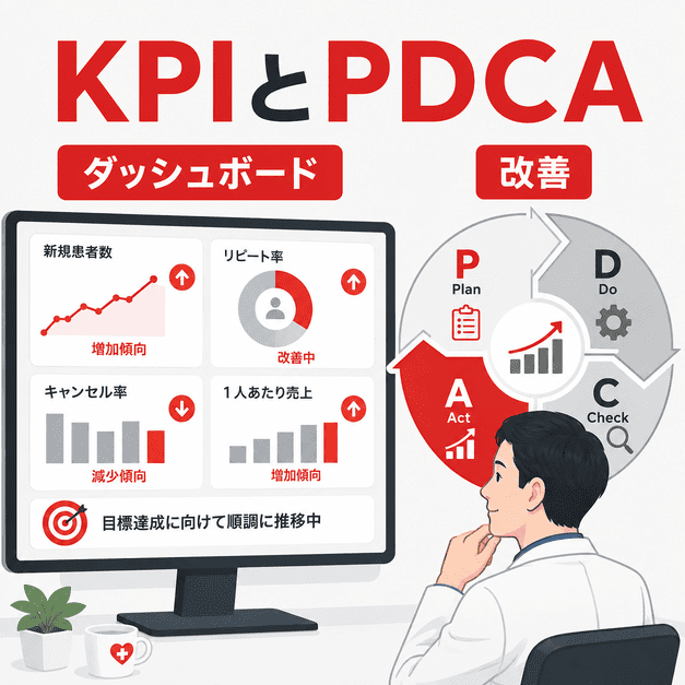 KPIダッシュボードとPDCAサイクルを使って皮膚科YouTube運用を継続改善する様子