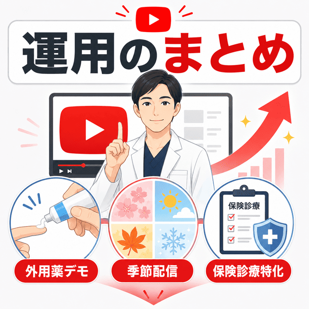 外用薬デモ、季節配信、保険診療特化の3本柱で皮膚科YouTube運用をまとめた図