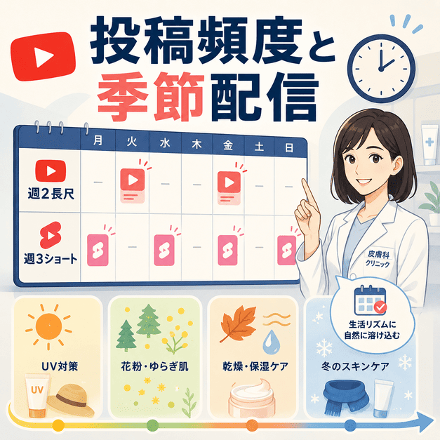 投稿頻度と季節配信をカレンダーで管理し、紫外線対策や花粉、乾燥、冬のスキンケアを計画する様子