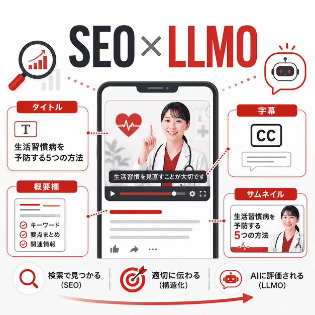 YouTube動画のタイトル、概要欄、字幕、サムネイルを整えてSEOとLLMO評価を高める構成図