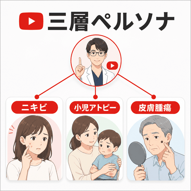 ニキビに悩む若年女性、小児アトピーの子どもと保護者、皮膚腫瘍を確認する中高年を三層ペルソナとして整理した図