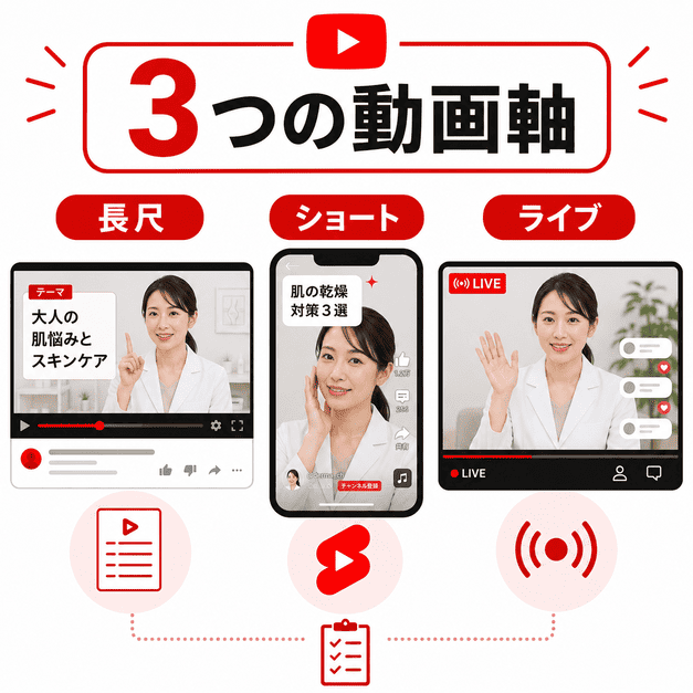 長尺動画、ショート動画、ライブ配信の3つの動画形式を使い分ける皮膚科YouTube運用の図