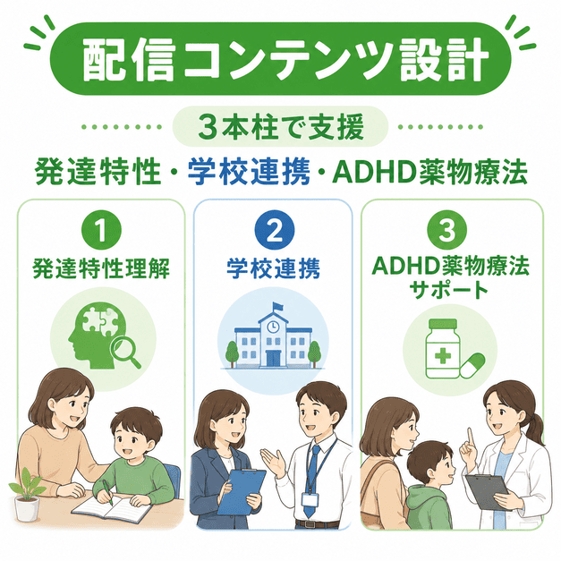 発達特性理解、学校連携、ADHD薬物療法を三本柱にしたLINE配信コンテンツ設計を示したイラスト
