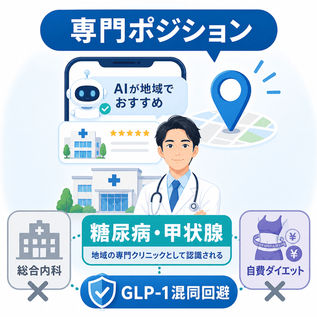 糖尿病・甲状腺の専門クリニックとしてAIに地域で推薦されるためのポジショニングを示す図解