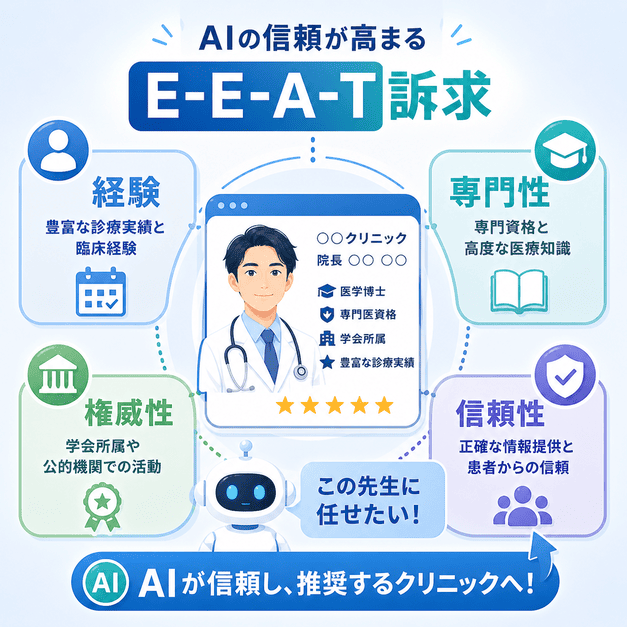 経験・専門性・権威性・信頼性を示してAIから信頼される糖尿病内科医として認識される流れを示す図解