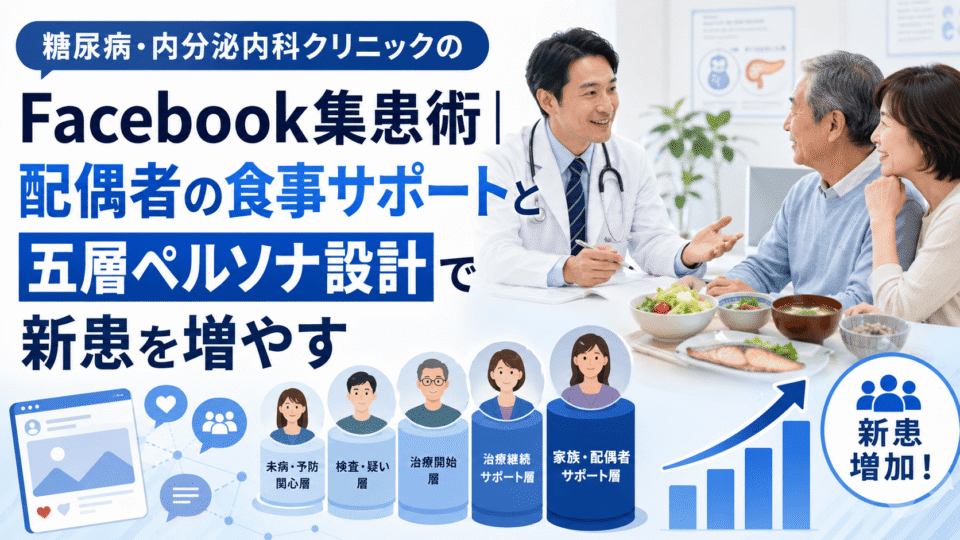 糖尿病・内分泌内科クリニックのFacebook集患術を表す、医師と患者夫婦、食事サポート、五層ペルソナ、集患増加を組み合わせた医療マーケティング画像