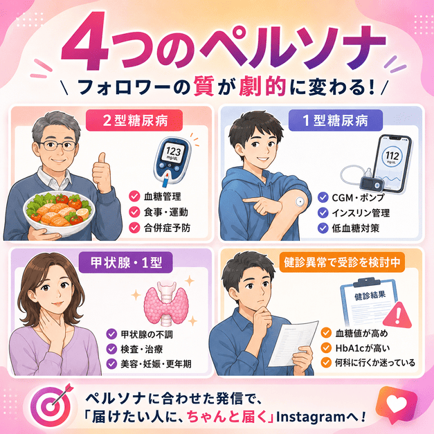 2型糖尿病、1型糖尿病、甲状腺疾患、健診異常後フォローの4つのペルソナを比較して示したイラスト
