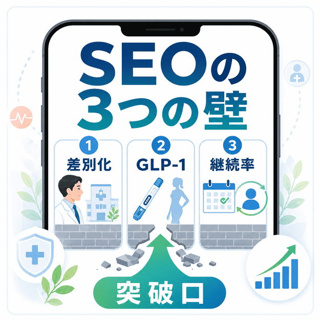 糖尿病・内分泌内科クリニックがSEOで直面する差別化、GLP-1競合、継続率の3つの壁と突破口を示した図解