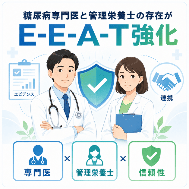 糖尿病専門医と管理栄養士の存在が医療サイトのE-E-A-Tと信頼性を高めることを示した図解