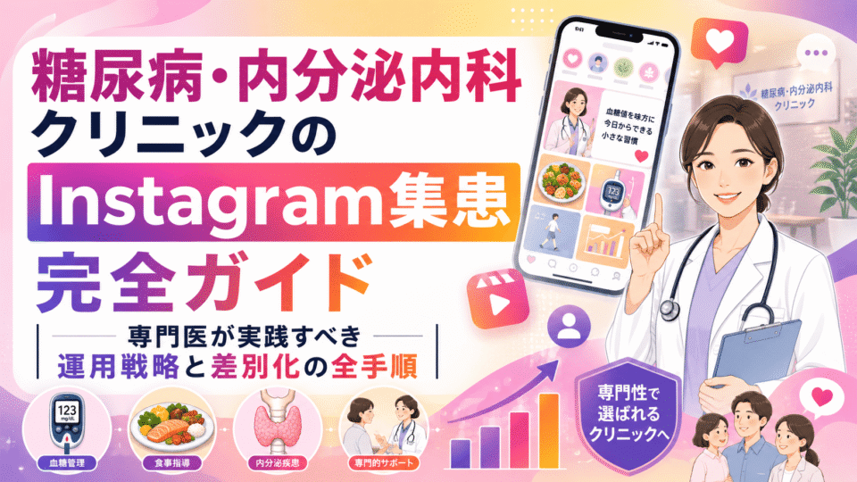 糖尿病・内分泌内科クリニックのInstagram集患戦略を、医師とスマートフォン、血糖管理や甲状腺ケアの要素で表したアイキャッチ画像