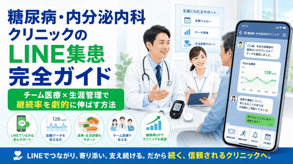 糖尿病・内分泌内科クリニックのLINE集患をテーマに、医師とスタッフが患者を長期支援する様子と血糖データを表示したスマートフォンを描いたアイキャッチ画像