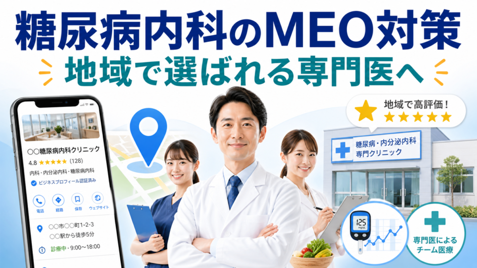 糖尿病・内分泌内科クリニックのMEO対策として、地域で選ばれる専門医を目指すためのGBP集患施策を表したアイキャッチ画像