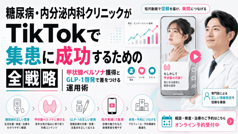 糖尿病・内分泌内科クリニックのTikTok集患戦略として、甲状腺ペルソナ獲得やGLP-1啓発、予約導線を示したアイキャッチ画像