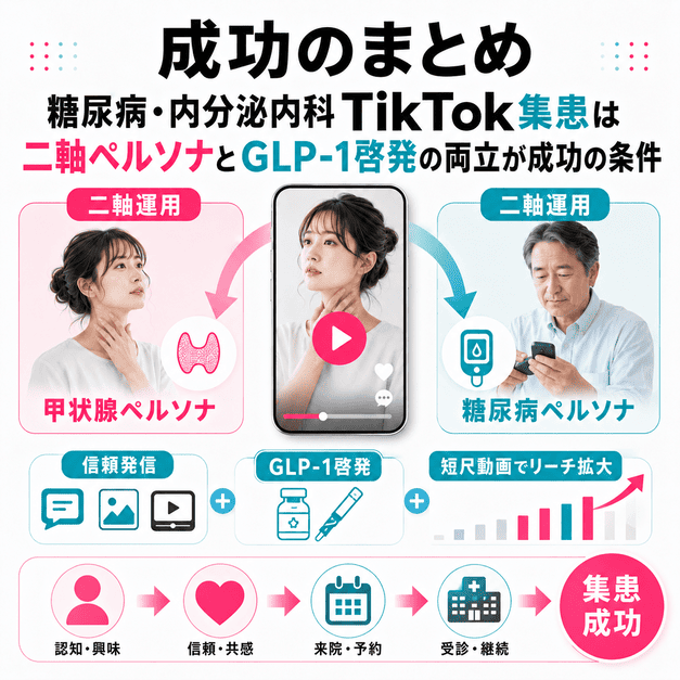 糖尿病・内分泌内科のTikTok集患で二軸ペルソナ運用とGLP-1啓発を両立する成功条件をまとめた図解