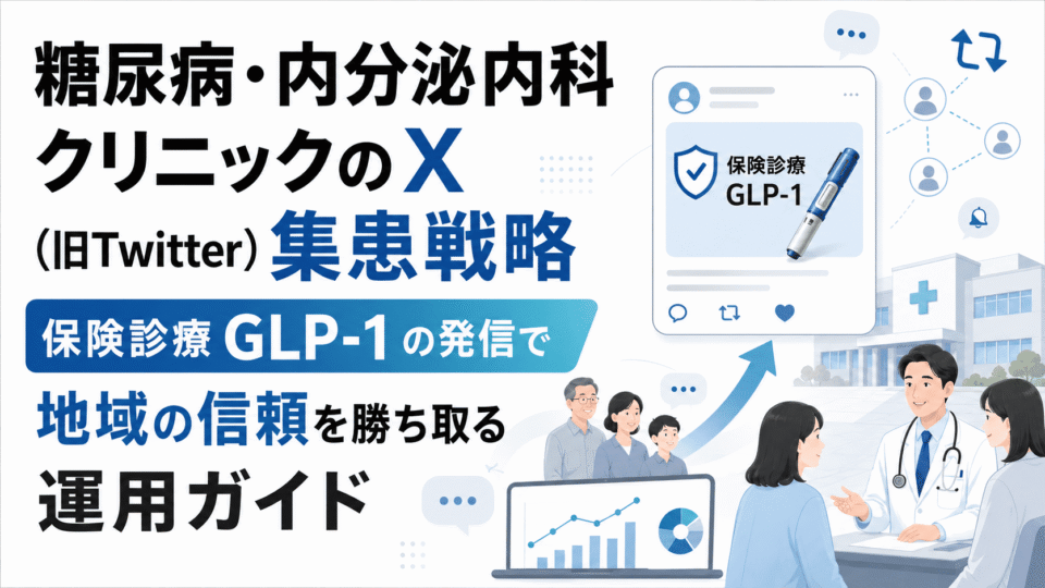 糖尿病・内分泌内科クリニックのX集患戦略を、保険診療GLP-1の発信や地域の信頼獲得、分析グラフで表したアイキャッチ画像