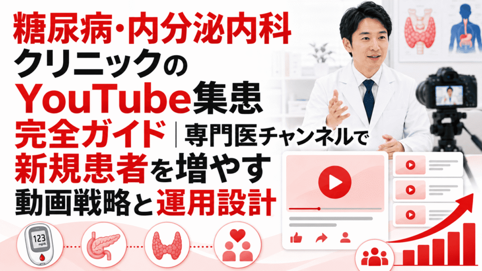 糖尿病・内分泌内科クリニックのYouTube集患戦略を、専門医の動画発信と患者導線で表したアイキャッチ画像