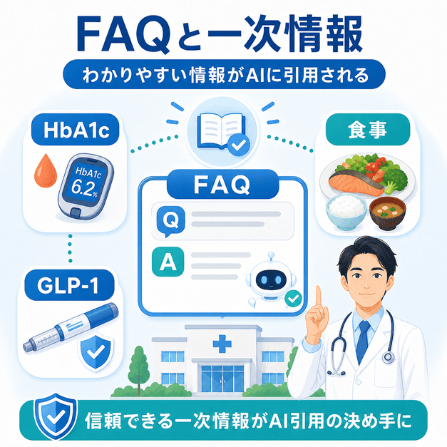 HbA1c・食事・GLP-1に関するFAQと一次情報がAI引用の決め手になることを示す図解