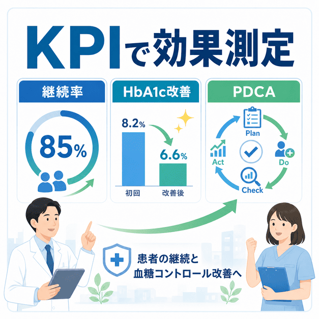 継続率、HbA1c改善率、PDCAを中心に糖尿病内科のSEO効果測定を示したKPI図解