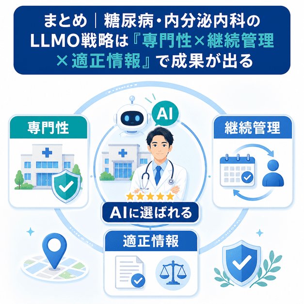 糖尿病・内分泌内科のLLMO戦略を専門性・継続管理・適正情報の3要素で総まとめした図解