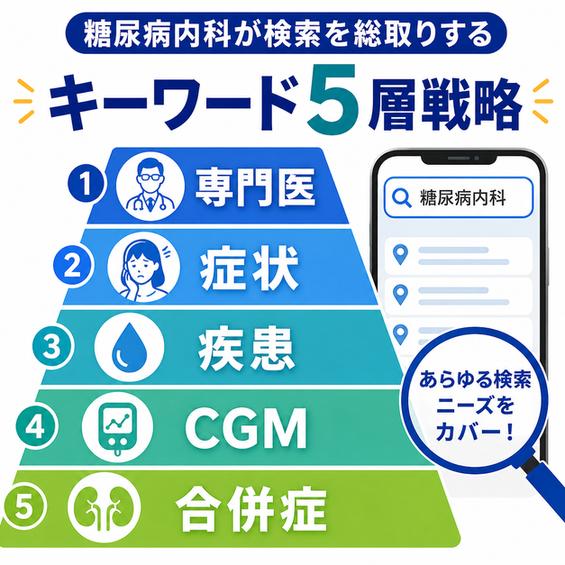 糖尿病内科のMEOで専門医、症状、疾患、CGM、合併症の5層キーワードを整理する戦略を示した図解